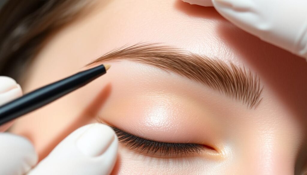 A close-up view of an eyebrow undergoing a natural restoration treatment by derBeaute. The eyebrow is delicately framed, with fine hairs gently brushed into a flattering, feathered shape. Soft, diffused lighting illuminates the skin, revealing its healthy, radiant glow. The overall mood is one of quiet tranquility and rejuvenation, as the eyebrow is meticulously cared for and revitalized. The image captures the essence of the "洗眉與眉毛健康維護：洗眉" section, showcasing the transformative power of a mindful, specialized eyebrow care regimen.