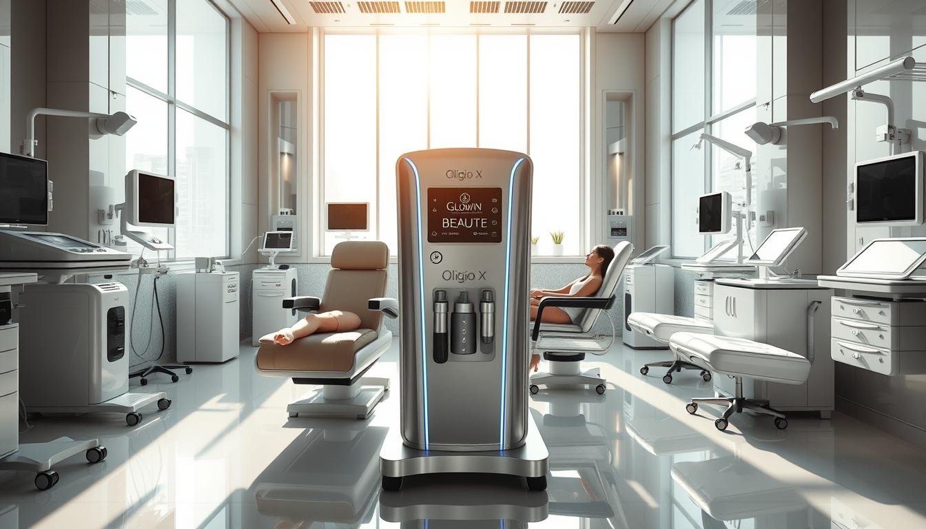A high-tech, futuristic beauty clinic filled with sleek, minimalist equipment and devices. In the center, the "Glowin Beaute" branded Oligio X machine stands prominently, its clean lines and metallic finish reflecting the bright, natural lighting streaming in from large windows. Clients recline comfortably as the machine's advanced electro-wave technology works its magic, enveloping them in a serene, spa-like atmosphere. The clinical yet calming space exudes an air of innovation and professionalism, perfectly capturing the essence of Hong Kong's thriving beauty industry.