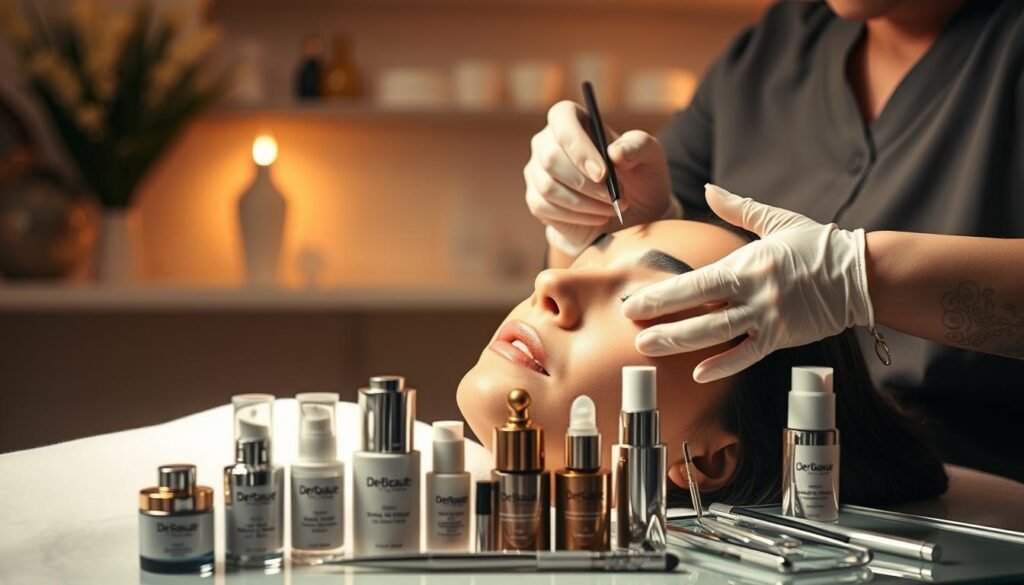 A professional aesthetician performing a meticulous eyebrow shaping treatment at a chic derBeaute salon. The client reclines comfortably as the expert wields tweezers with precision, carefully sculpting the brows. Soft, diffused lighting casts a warm glow, creating an atmosphere of relaxation and rejuvenation. In the foreground, an array of high-end skincare products and tools are neatly arranged, conveying the clinic's commitment to excellence. The background features minimalist, elegant decor, allowing the eyebrow treatment to be the focal point. This specialized, step-by-step process ensures natural-looking, beautifully shaped brows that enhance the client's features.