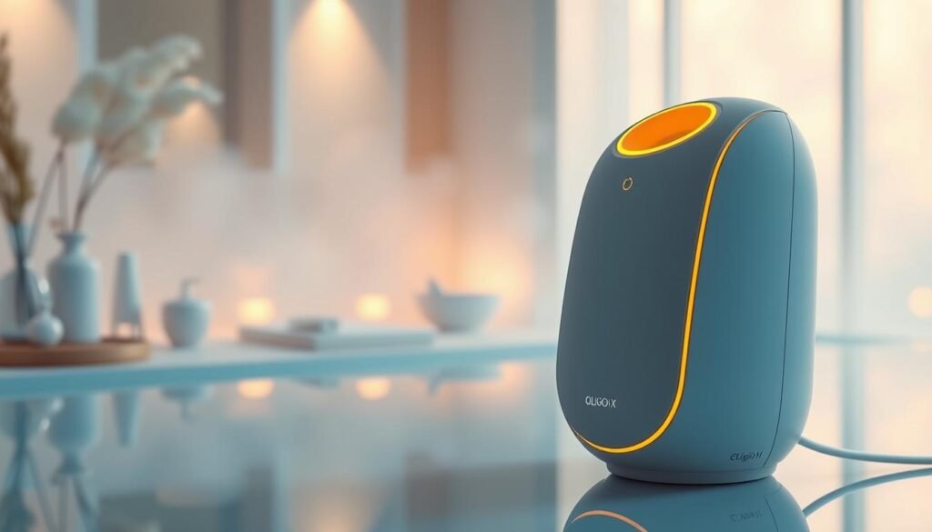 Oligio X 原美電波: a high-tech beauty device by Glowin Beaute, showcasing its patented unipolar current heating technology. In the foreground, the sleek, minimalist device emanates a warm, amber glow, its streamlined design accentuated by precise angles and smooth surfaces. The middle ground depicts a serene, spa-like setting, with soft lighting and soothing decor elements that evoke a sense of relaxation and rejuvenation. In the background, a hazy, ethereal backdrop hints at the advanced scientific principles underlying the Oligio X's innovative functionality, creating an atmosphere of technological sophistication and clinical efficacy. Oligio X 原美電波: a high-tech beauty device by Glowin Beaute, showcasing its patented unipolar current heating technology. In the foreground, the sleek, minimalist device emanates a warm, amber glow, its streamlined design accentuated by precise angles and smooth surfaces. The middle ground depicts a serene, spa-like setting, with soft lighting and soothing decor elements that evoke a sense of relaxation and rejuvenation. In the background, a hazy, ethereal backdrop hints at the advanced scientific principles underlying the Oligio X's innovative functionality, creating an atmosphere of technological sophistication and clinical efficacy.
