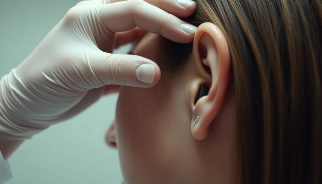 A detailed close-up of a person's hand performing the Gufoni maneuver to reposition inner ear otoconia. The hand is shown in the foreground, gently manipulating the patient's head in a precise, clinical manner. The middle ground features the side of the patient's face, with the ear canal and external auditory meatus visible. The background is blurred, creating a sense of medical focus and attention. The lighting is soft and even, highlighting the delicate hand movements and facial features. The overall mood is one of professional care and expertise, reflecting the technical nature of the Gufoni maneuver procedure. A detailed close-up of a person's hand performing the Gufoni maneuver to reposition inner ear otoconia. The hand is shown in the foreground, gently manipulating the patient's head in a precise, clinical manner. The middle ground features the side of the patient's face, with the ear canal and external auditory meatus visible. The background is blurred, creating a sense of medical focus and attention. The lighting is soft and even, highlighting the delicate hand movements and facial features. The overall mood is one of professional care and expertise, reflecting the technical nature of the Gufoni maneuver procedure.