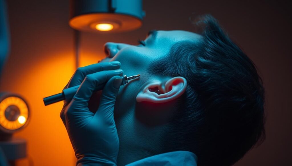 A dimly lit examination room, the patient's head tilted back as a medical professional carefully inspects the inner ear using a specialized instrument. The warm, focused light illuminates the delicate structures, revealing the intricate patterns of the otoconia, the tiny calcium carbonate crystals that make up the otolith organs. With precision and expertise, the practitioner gently maneuvers the crystals, guiding them back into their proper position within the labyrinth, restoring the patient's sense of balance and equilibrium. The scene conveys the importance of this specialized diagnostic and therapeutic technique, known as "Canalith Repositioning Procedure", in the treatment of benign paroxysmal positional vertigo. A dimly lit examination room, the patient's head tilted back as a medical professional carefully inspects the inner ear using a specialized instrument. The warm, focused light illuminates the delicate structures, revealing the intricate patterns of the otoconia, the tiny calcium carbonate crystals that make up the otolith organs. With precision and expertise, the practitioner gently maneuvers the crystals, guiding them back into their proper position within the labyrinth, restoring the patient's sense of balance and equilibrium. The scene conveys the importance of this specialized diagnostic and therapeutic technique, known as "Canalith Repositioning Procedure", in the treatment of benign paroxysmal positional vertigo.