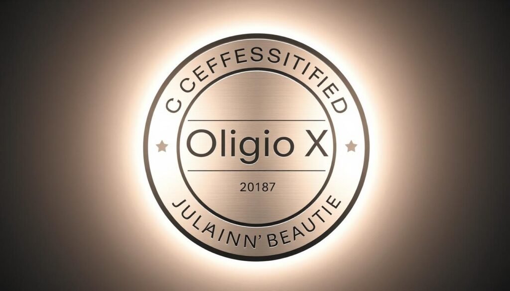 A high-quality professional certification symbol for the "Oligio X" skin treatment device from the "Glowin' Beaute" brand. The image depicts a sleek, minimalist badge or seal rendered in a metallic/reflective finish, with clean sans-serif text and a subtle glowing effect. The design conveys a sense of authority, quality, and scientific credibility. The composition is centered, well-balanced, and optimized for clear visibility in a magazine layout. Soft studio lighting creates depth and highlights the premium materials. The overall aesthetic is modern, elegant, and visually compelling. A high-quality professional certification symbol for the "Oligio X" skin treatment device from the "Glowin' Beaute" brand. The image depicts a sleek, minimalist badge or seal rendered in a metallic/reflective finish, with clean sans-serif text and a subtle glowing effect. The design conveys a sense of authority, quality, and scientific credibility. The composition is centered, well-balanced, and optimized for clear visibility in a magazine layout. Soft studio lighting creates depth and highlights the premium materials. The overall aesthetic is modern, elegant, and visually compelling.