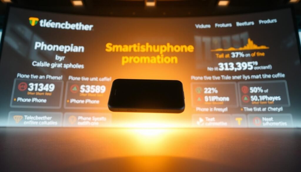 A modern and sleek smartphone floating in the center of the frame, backlit by soft, warm lighting. In the background, a dynamic graphic display showcases the Telecombrother brand and various phone plan options, conveying the idea of a smartphone upgrade promotion. The foreground features a crisp, high-resolution image of the new iPhone model, accompanied by colorful data visualizations and icons illustrating the benefits of the phone trade-in offer. The overall scene exudes a sense of technology, innovation, and the convenience of upgrading one's mobile device through Telecombrother's compelling promotional program. A modern and sleek smartphone floating in the center of the frame, backlit by soft, warm lighting. In the background, a dynamic graphic display showcases the Telecombrother brand and various phone plan options, conveying the idea of a smartphone upgrade promotion. The foreground features a crisp, high-resolution image of the new iPhone model, accompanied by colorful data visualizations and icons illustrating the benefits of the phone trade-in offer. The overall scene exudes a sense of technology, innovation, and the convenience of upgrading one's mobile device through Telecombrother's compelling promotional program.