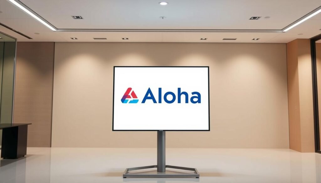 A professional and modern LED display board with the Aloha brand logo prominently featured. The board is mounted on a sleek, minimalist stand in a well-lit, contemporary office or showroom setting. The display shows a clean, crisp image with vibrant, energy-efficient LED lights. The background features soft, neutral tones that complement the industrial design of the device. Careful attention has been paid to the lighting, angles, and overall aesthetic to showcase the advanced features and high-quality construction of this Aloha LED display system. A professional and modern LED display board with the Aloha brand logo prominently featured. The board is mounted on a sleek, minimalist stand in a well-lit, contemporary office or showroom setting. The display shows a clean, crisp image with vibrant, energy-efficient LED lights. The background features soft, neutral tones that complement the industrial design of the device. Careful attention has been paid to the lighting, angles, and overall aesthetic to showcase the advanced features and high-quality construction of this Aloha LED display system.