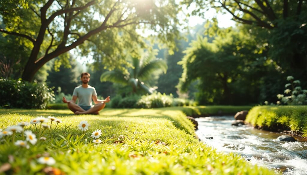 A serene and tranquil landscape, with a focus on natural remedies for tinnitus. In the foreground, a person sits cross-legged on the ground, practicing mindfulness meditation amid a lush, verdant garden. Sunlight filters through the canopy of trees, casting a warm, soothing glow. In the middle ground, herbs and plants known for their healing properties, such as chamomile and ginkgo biloba, are meticulously arranged in an orderly fashion. The background features a gently flowing stream, its calming sounds creating a sense of harmony and relaxation. The overall atmosphere conveys a holistic and therapeutic approach to addressing the challenges of tinnitus, emphasizing the power of natural therapies and a balanced, peaceful mindset. A serene and tranquil landscape, with a focus on natural remedies for tinnitus. In the foreground, a person sits cross-legged on the ground, practicing mindfulness meditation amid a lush, verdant garden. Sunlight filters through the canopy of trees, casting a warm, soothing glow. In the middle ground, herbs and plants known for their healing properties, such as chamomile and ginkgo biloba, are meticulously arranged in an orderly fashion. The background features a gently flowing stream, its calming sounds creating a sense of harmony and relaxation. The overall atmosphere conveys a holistic and therapeutic approach to addressing the challenges of tinnitus, emphasizing the power of natural therapies and a balanced, peaceful mindset.