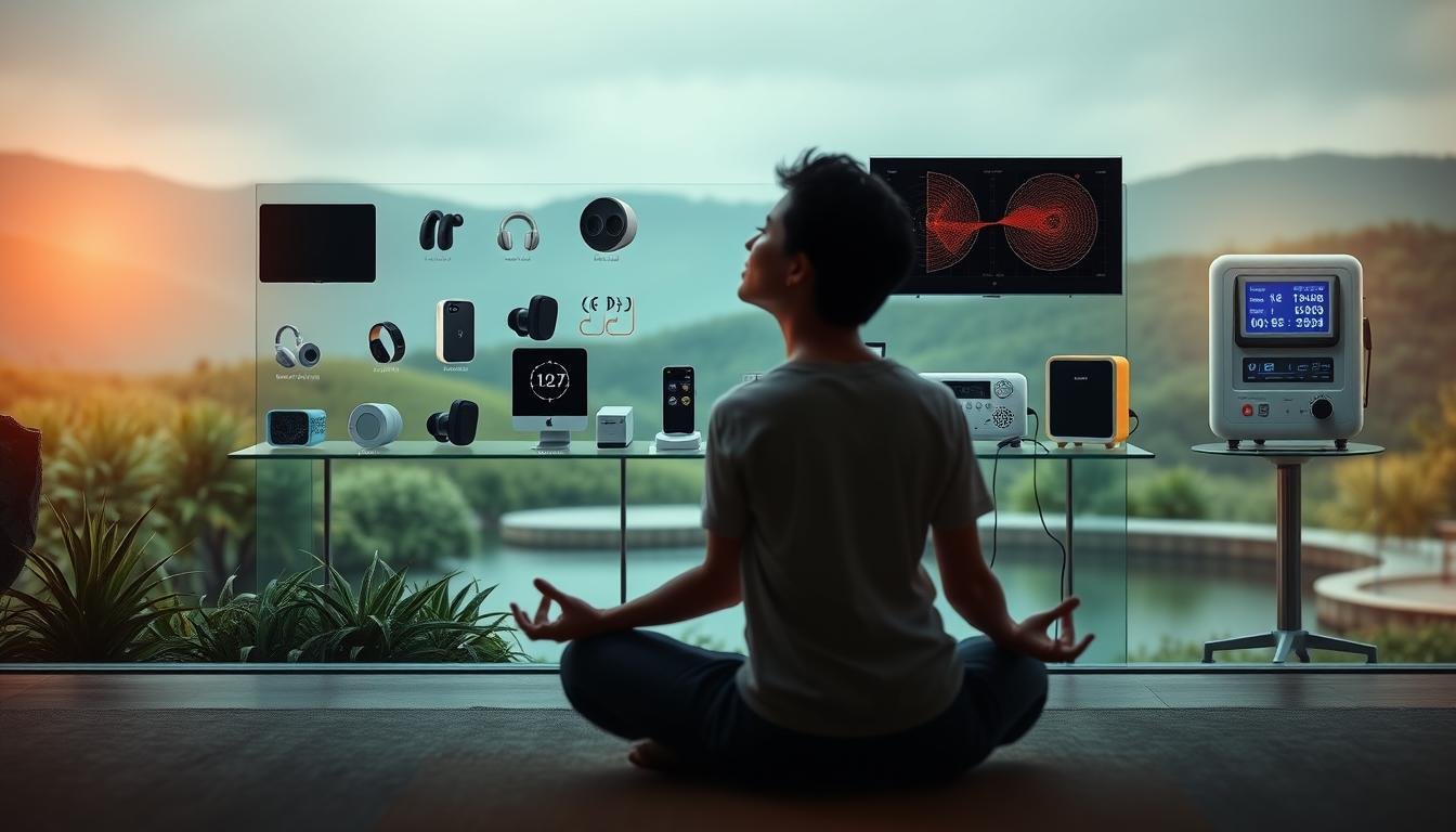 A serene and tranquil scene depicting the latest developments and trends in tinnitus treatment methods. In the foreground, a person sits cross-legged, their eyes closed in a meditative pose, as they practice a calming technique to alleviate their tinnitus. The middle ground features a display of various modern medical devices and therapies, including hearing aids, sound maskers, and transcranial magnetic stimulation equipment. The background showcases a serene landscape, with lush greenery, a calming water feature, and a warm, diffused lighting that creates a soothing, natural ambiance. The overall atmosphere conveys a sense of hope, healing, and a holistic approach to managing tinnitus, reflecting the latest advancements in this field.