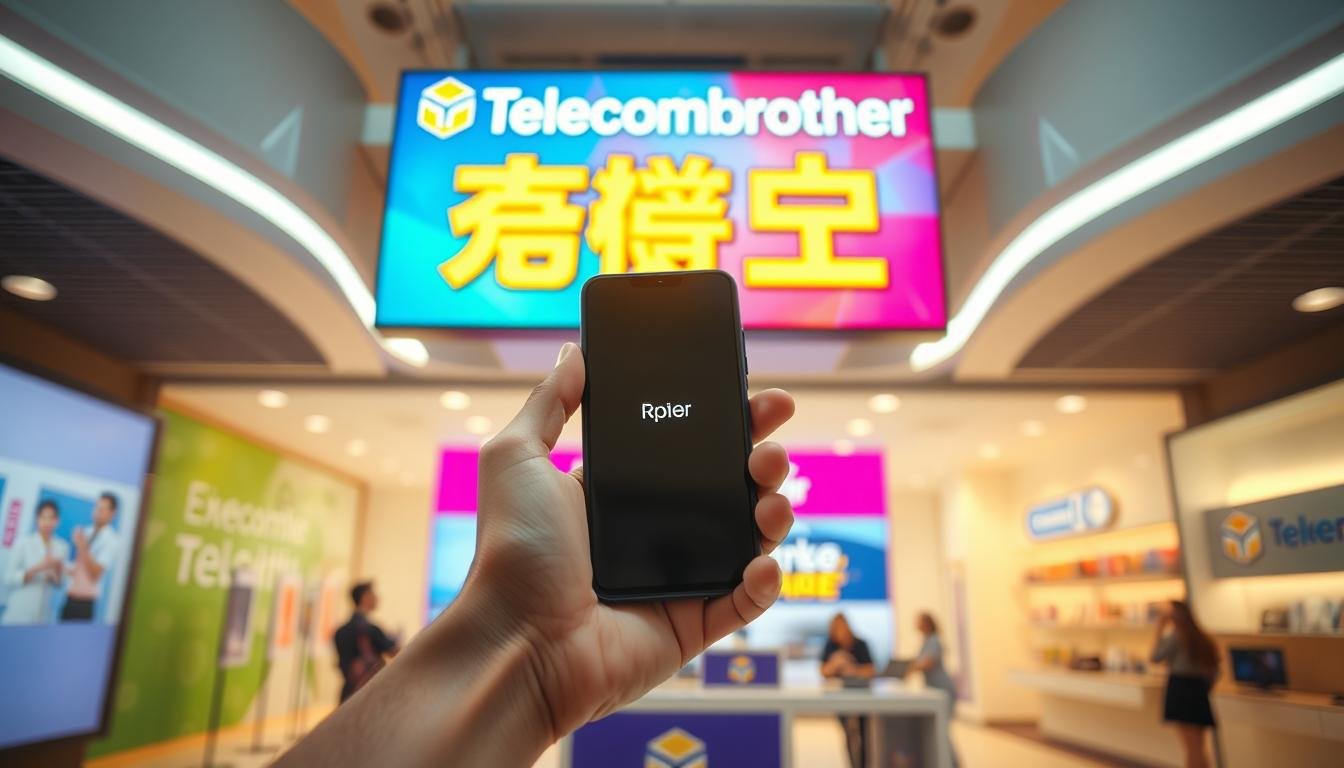 A vibrant scene of a person holding a smartphone in front of a colorful Telecombrother display, showcasing the "轉台優惠" promotion. The foreground features the smartphone in a dynamic, eye-catching pose, with the Telecombrother logo prominently displayed. The middle ground depicts a clean, modern retail environment with sleek, minimalist design elements. The background is softly blurred, creating a sense of depth and emphasis on the central subject. Warm, inviting lighting casts a natural glow, highlighting the smartphone's features and the Telecombrother branding. The overall composition conveys a sense of excitement and the promise of a valuable upgrade opportunity.