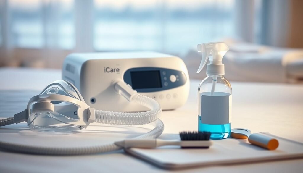 A well-maintained and sanitized iCareCPAP sleep apnea machine, resting on a clean, white surface. The device is bathed in soft, diffused lighting, highlighting its sleek, modern design. In the foreground, the machine's components, such as the mask, tubing, and water chamber, are clearly visible, emphasizing the need for thorough cleaning. The mid-ground showcases cleaning tools, including a brush and disinfectant solution, underscoring the importance of regular maintenance. The background features a calming, blurred scene, suggesting the tranquility and health benefits of using a properly cared-for sleep apnea device.