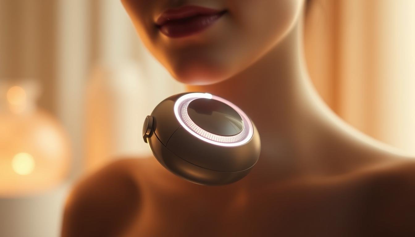 Cinematic close-up shot of the Glowin' Beaute Oligio X 原美電波device, showcasing its sleek and modern design. The device is illuminated by a soft, warm glow, creating an inviting and captivating atmosphere. The lighting accentuates the device's intricate details and premium materials, hinting at its advanced technological capabilities. The background is blurred, keeping the focus solely on the Oligio X, emphasizing its importance as the central element of the image. The overall mood is one of sophistication, innovation, and the promise of transformative skincare results.
