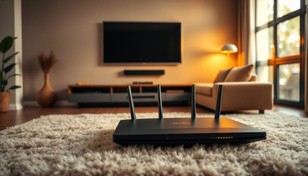 A cozy living room scene featuring a large, modern television set prominently displayed. The room is bathed in warm, soft lighting, creating a comfortable and inviting atmosphere. In the foreground, a sleek, minimalist coffee table sits on a plush, neutral-toned rug. Telecombrother's latest high-speed internet router is positioned on the table, its status lights subtly glowing. The middle ground showcases a stylish, L-shaped sofa in a complementary color scheme, facing the television. The background features large windows, allowing natural light to filter in and illuminating the space. The overall composition emphasizes the importance of reliable, high-bandwidth internet for an optimal streaming and gaming experience in the home. A cozy living room scene featuring a large, modern television set prominently displayed. The room is bathed in warm, soft lighting, creating a comfortable and inviting atmosphere. In the foreground, a sleek, minimalist coffee table sits on a plush, neutral-toned rug. Telecombrother's latest high-speed internet router is positioned on the table, its status lights subtly glowing. The middle ground showcases a stylish, L-shaped sofa in a complementary color scheme, facing the television. The background features large windows, allowing natural light to filter in and illuminating the space. The overall composition emphasizes the importance of reliable, high-bandwidth internet for an optimal streaming and gaming experience in the home.