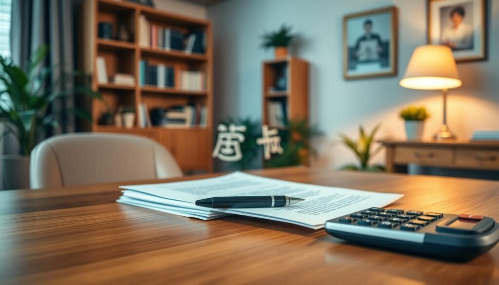 A cozy, well-lit office setting with a hardwood desk and a bookshelf in the background. On the desk, there is a stack of documents, a pen, and a calculator, conveying the sense of a private lending transaction. The lighting is soft and warm, creating a professional yet approachable atmosphere. The room is tastefully decorated with a few potted plants, adding a touch of nature. The angle is slightly elevated, giving the viewer a sense of authority and trust in the depicted scene of "民間借貸".
