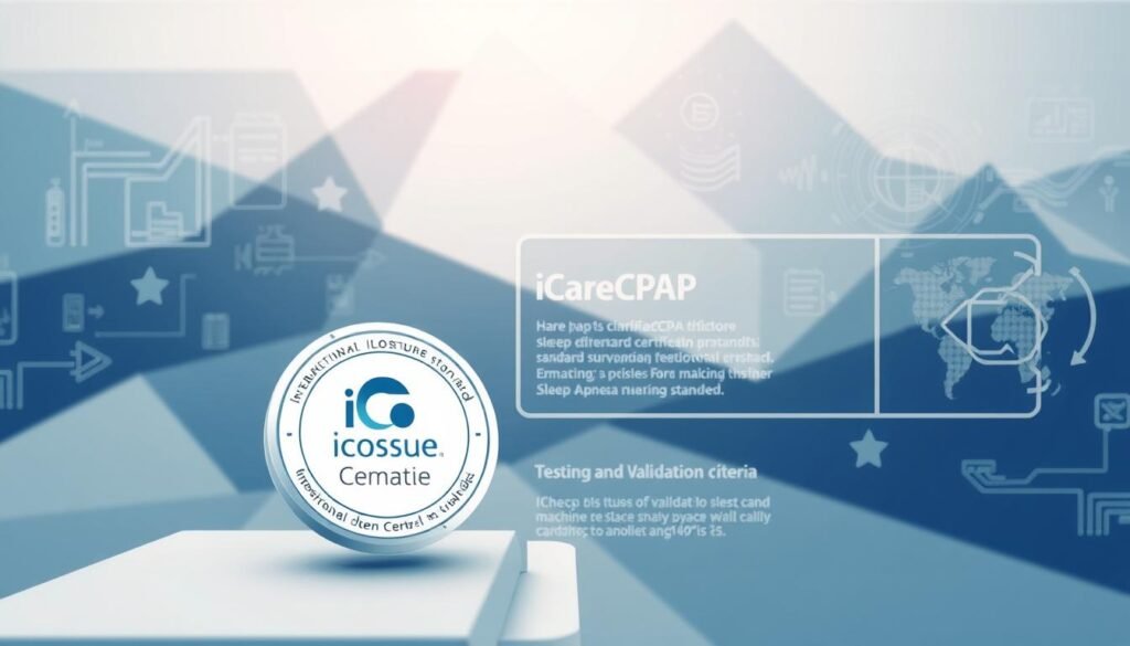 A detailed technical illustration of the "iCareCPAP" international certification standard for sleep apnea machines. The image features a crisp, high-resolution technical diagram showcasing the key components and features of the certification, rendered in a sleek, technical style with precise, clean lines and a cool, professional color palette of blues, greys, and whites. The foreground depicts the certification logo and mark, while the middle ground outlines the specific testing and validation criteria, all set against a background of abstract geometric shapes and engineering diagrams that convey a sense of technical sophistication and attention to detail.