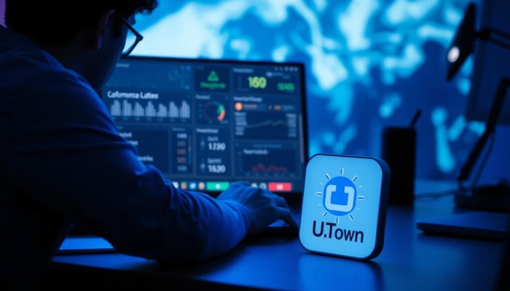 A diagnostic interface for detecting game latency issues. A person sits at a desk, intently examining a laptop screen displaying performance metrics and diagnostic tools. The scene is bathed in a cool, blue-tinted lighting, creating a focused, analytical atmosphere. In the foreground, a UTown app icon is prominently featured, indicating the subject of the diagnostic process. The background features a blurred, abstract representation of a game environment, hinting at the context of the issue being addressed. The overall composition conveys a sense of problem-solving and technical troubleshooting. A diagnostic interface for detecting game latency issues. A person sits at a desk, intently examining a laptop screen displaying performance metrics and diagnostic tools. The scene is bathed in a cool, blue-tinted lighting, creating a focused, analytical atmosphere. In the foreground, a UTown app icon is prominently featured, indicating the subject of the diagnostic process. The background features a blurred, abstract representation of a game environment, hinting at the context of the issue being addressed. The overall composition conveys a sense of problem-solving and technical troubleshooting.