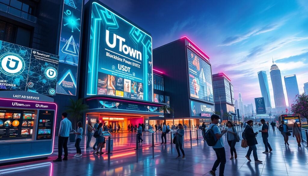 A futuristic urban landscape featuring a prominent UTown entertainment complex, where the integration of blockchain technology is seamlessly woven throughout the scene. The building's exterior is adorned with dynamic, holographic displays showcasing the latest blockchain-powered gaming and financial services. In the foreground, a group of young, tech-savvy patrons engage with interactive kiosks, transferring USDT securely and effortlessly. The middle ground depicts a bustling promenade, with individuals navigating the space using their mobile devices, accessing blockchain-based loyalty programs and exclusive experiences. The background is illuminated by a vibrant, neon-tinged skyline, conveying a sense of innovation and cutting-edge technology permeating the entire entertainment district.