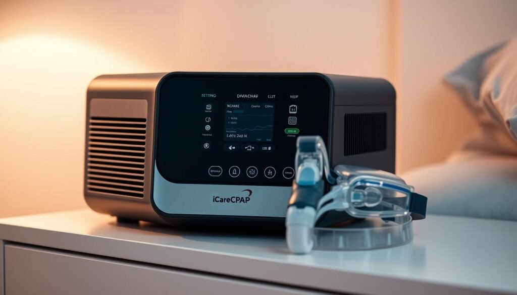 A high-quality, advanced sleep apnea CPAP machine from the iCareCPAP brand. The machine has a sleek, modern design with a large digital display and intuitive controls. It features advanced settings and customization options to ensure optimal airflow and pressure for the user's unique sleep needs. The machine is placed on a clean, minimalist nightstand, bathed in soft, warm lighting to create a serene, relaxing atmosphere. The machine is accompanied by a comfortable CPAP mask resting on the nightstand, conveying the ease and comfort of using the device for quality, restorative sleep.