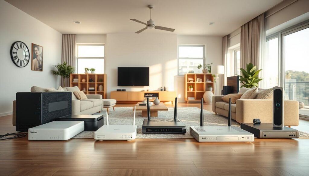 A high-resolution wide-angle image showcasing a modern, well-lit living room with an array of various internet service provider (ISP) equipment, including a Telecombrother router, modems, and other networking devices prominently displayed. The room has a clean, minimalist aesthetic with neutral tones and natural lighting filtering in through large windows, creating a sense of openness and calmness. The focus is on the technical aspects of the ISP equipment, allowing the viewer to compare and contrast the different options available for home broadband connectivity. A high-resolution wide-angle image showcasing a modern, well-lit living room with an array of various internet service provider (ISP) equipment, including a Telecombrother router, modems, and other networking devices prominently displayed. The room has a clean, minimalist aesthetic with neutral tones and natural lighting filtering in through large windows, creating a sense of openness and calmness. The focus is on the technical aspects of the ISP equipment, allowing the viewer to compare and contrast the different options available for home broadband connectivity.