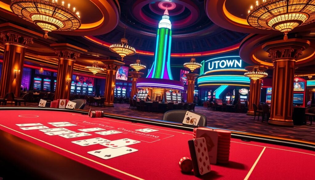 A lush, vibrant digital landscape showcasing the UTown Entertainment City's captivating casino and card game experience. In the foreground, a sleek, modern gaming table is adorned with playing cards, chips, and other high-end accoutrements, bathed in warm, inviting lighting. The middle ground features a panoramic view of the casino's opulent interior, with ornate chandeliers, gilded columns, and plush seating areas. In the background, a towering, neon-illuminated sign proudly displays the UTown brand, reflecting the city's thriving entertainment scene. The overall atmosphere exudes a sense of strategic sophistication, enticing players to explore the generous rewards and cashback programs offered by this premier gaming destination. A lush, vibrant digital landscape showcasing the UTown Entertainment City's captivating casino and card game experience. In the foreground, a sleek, modern gaming table is adorned with playing cards, chips, and other high-end accoutrements, bathed in warm, inviting lighting. The middle ground features a panoramic view of the casino's opulent interior, with ornate chandeliers, gilded columns, and plush seating areas. In the background, a towering, neon-illuminated sign proudly displays the UTown brand, reflecting the city's thriving entertainment scene. The overall atmosphere exudes a sense of strategic sophistication, enticing players to explore the generous rewards and cashback programs offered by this premier gaming destination.