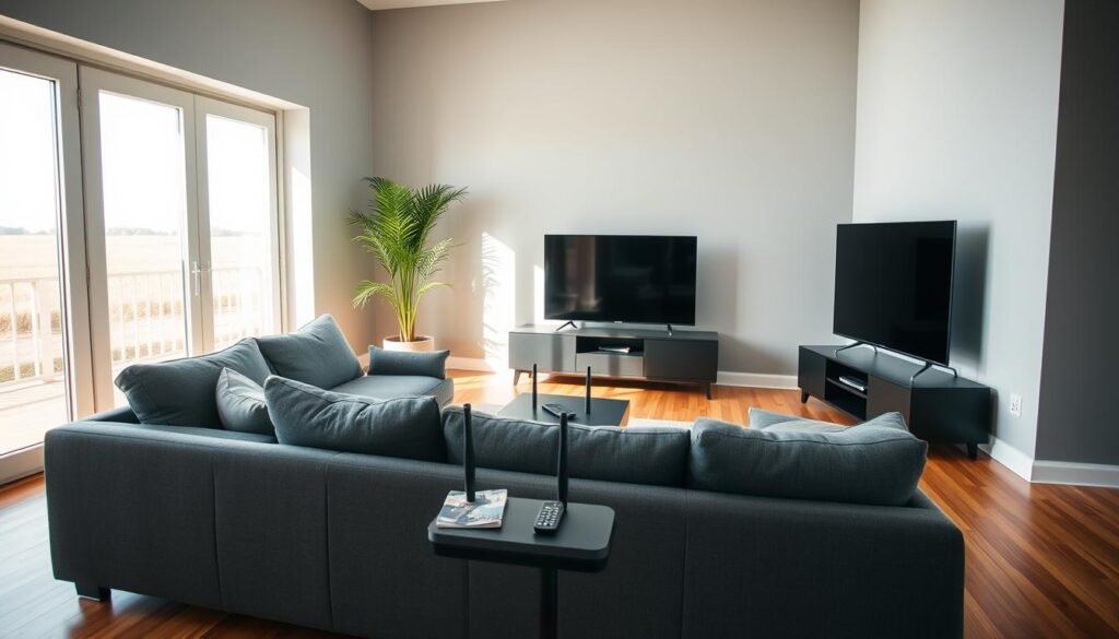 A modern, minimalist living room with a sleek TV and Telecombrother internet router prominently displayed. The room is filled with natural light, creating a warm and inviting atmosphere. The floor is a polished hardwood, and the walls are a neutral shade of gray. In the foreground, a plush gray couch is positioned facing the TV, with a small coffee table in front. On the table, a remote control and a couple of magazines are neatly arranged. The middle ground features a tall plant in the corner, adding a touch of greenery to the space. The background showcases a large window, allowing ample natural light to flood the room and highlight the high-speed internet connectivity provided by Telecombrother. A modern, minimalist living room with a sleek TV and Telecombrother internet router prominently displayed. The room is filled with natural light, creating a warm and inviting atmosphere. The floor is a polished hardwood, and the walls are a neutral shade of gray. In the foreground, a plush gray couch is positioned facing the TV, with a small coffee table in front. On the table, a remote control and a couple of magazines are neatly arranged. The middle ground features a tall plant in the corner, adding a touch of greenery to the space. The background showcases a large window, allowing ample natural light to flood the room and highlight the high-speed internet connectivity provided by Telecombrother.