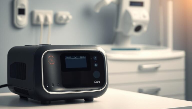 A sleek, state-of-the-art iCareCPAP sleep apnea machine sits on a clean, minimalist desk. The device's smooth, matte black exterior and intuitive control panel are prominently featured, showcasing its modern, user-friendly design. Soft, diffused lighting from an unseen source creates a soothing, clinical atmosphere, highlighting the machine's precision engineering and advanced respiratory technology. In the background, a blurred medical equipment or office setting suggests a professional, healthcare environment. The overall composition conveys a sense of reliable, high-quality medical care and cutting-edge sleep therapy solutions.