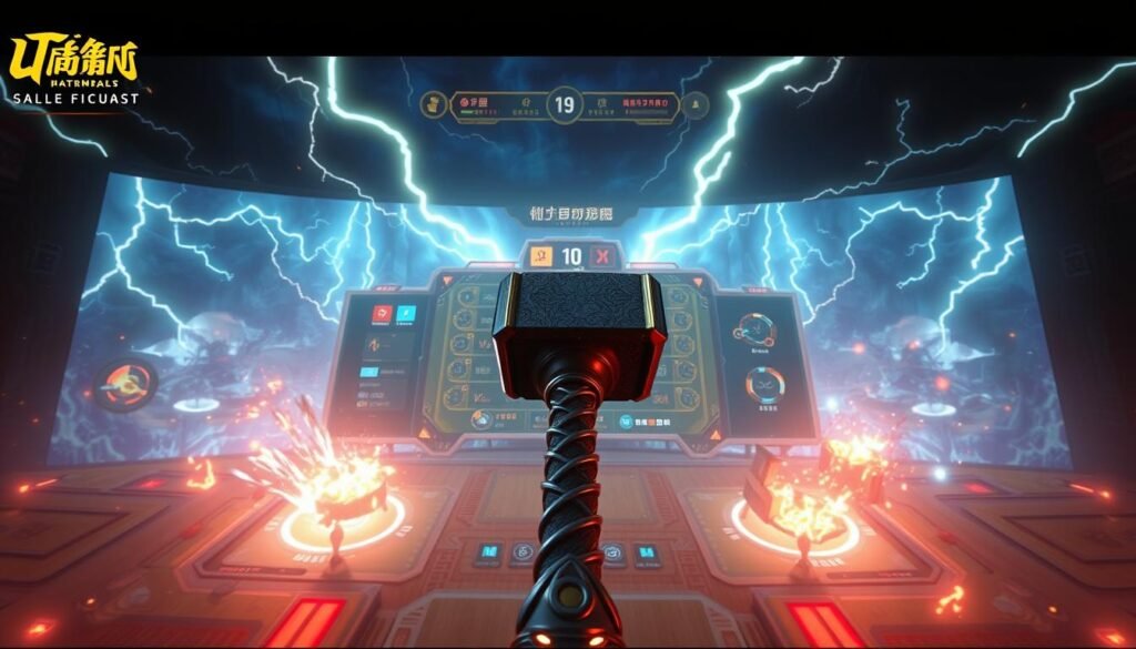 A sprawling digital realm, the "UTown" game "雷神之鎚" presents a captivating strategy challenge. In the foreground, the mighty Thor's hammer stands ready, its powerful strikes resonating through the screen. The middle ground showcases a meticulously crafted gaming interface, with intuitive controls and vibrant visual cues. In the background, a stunning backdrop of dynamic lightning bolts and cosmic energy sets the scene, evoking the grandeur of Norse mythology. The lighting is dramatic, casting dramatic shadows and highlights that draw the eye to the key elements. The camera angle is slightly elevated, offering a commanding, bird's-eye view of the strategic landscape. The overall mood is one of intense focus and strategic contemplation, inviting the player to devise masterful "8連消破解法" to conquer the game's challenges.