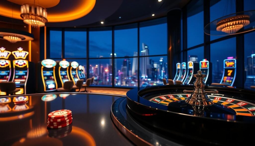A stylish and modern UTown casino interior with warm lighting and elegant decor. The foreground features a sleek roulette table with a USDT chip stack, reflecting the strategic use of the casino's welcome bonus. The middle ground showcases a high-limit slot machine area with neon accents, hinting at the potential for big winnings. In the background, a panoramic view of the city skyline through floor-to-ceiling windows, creating an immersive and luxurious atmosphere. The overall mood is one of excitement, sophistication, and the possibility of transforming the free USDT credits into substantial rewards. A stylish and modern UTown casino interior with warm lighting and elegant decor. The foreground features a sleek roulette table with a USDT chip stack, reflecting the strategic use of the casino's welcome bonus. The middle ground showcases a high-limit slot machine area with neon accents, hinting at the potential for big winnings. In the background, a panoramic view of the city skyline through floor-to-ceiling windows, creating an immersive and luxurious atmosphere. The overall mood is one of excitement, sophistication, and the possibility of transforming the free USDT credits into substantial rewards.