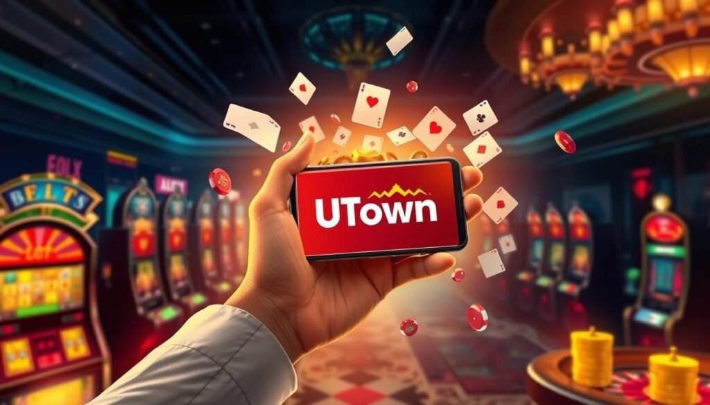 A vibrant, photorealistic illustration of a person's hand holding a smartphone displaying the UTown brand logo, surrounded by various gaming icons such as slot machines, roulette wheels, and playing cards. The scene is set in a dimly lit, opulent casino environment, with warm lighting and a sense of sophistication. The image conveys the excitement and potential of free casino credits, inviting the viewer to explore the thrilling world of online gambling with UTown. A vibrant, photorealistic illustration of a person's hand holding a smartphone displaying the UTown brand logo, surrounded by various gaming icons such as slot machines, roulette wheels, and playing cards. The scene is set in a dimly lit, opulent casino environment, with warm lighting and a sense of sophistication. The image conveys the excitement and potential of free casino credits, inviting the viewer to explore the thrilling world of online gambling with UTown.