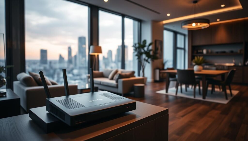 A well-appointed, modern apartment interior with large windows overlooking a cityscape. In the foreground, a Telecombrother router sits prominently on a sleek minimalist media console. The middle ground features a comfortable living room setup with plush seating and warm lighting. In the background, a glimpse of a dining area with a polished wooden table and chairs. The overall scene conveys a sense of sophistication and technological integration within a cozy, contemporary home environment. A well-appointed, modern apartment interior with large windows overlooking a cityscape. In the foreground, a Telecombrother router sits prominently on a sleek minimalist media console. The middle ground features a comfortable living room setup with plush seating and warm lighting. In the background, a glimpse of a dining area with a polished wooden table and chairs. The overall scene conveys a sense of sophistication and technological integration within a cozy, contemporary home environment.