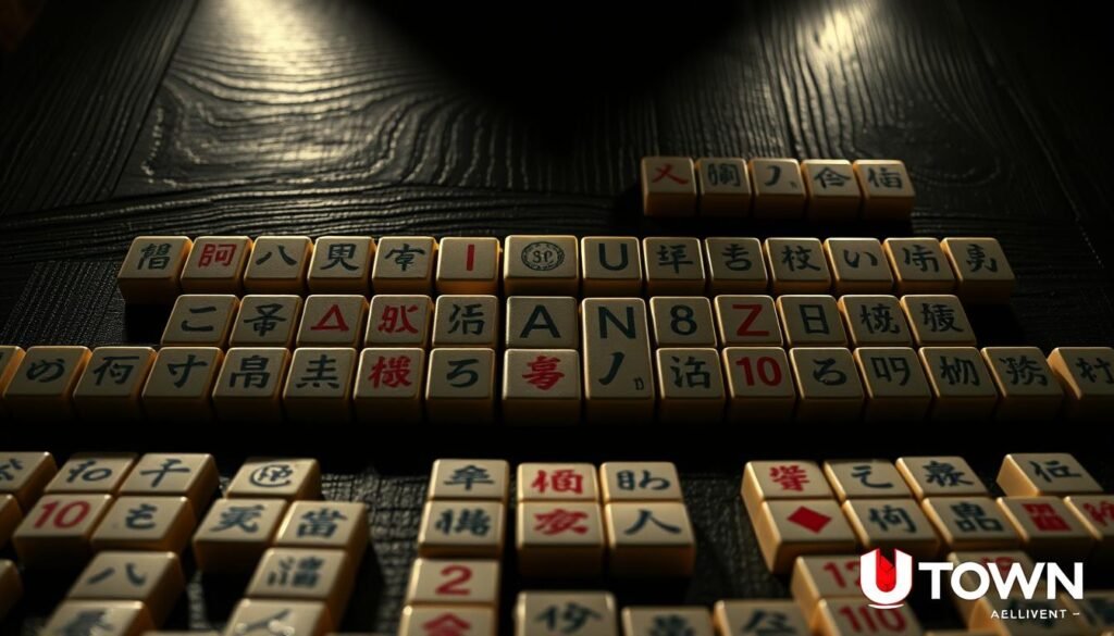 An intricate arrangement of mahjong tiles in the "Anke" series, depicting a hidden opportunity for high earnings. The tiles are rendered in a moody, atmospheric style, with dramatic lighting casting dramatic shadows across the surface. The tiles are set against a background of dark, textured wood, creating a sense of depth and mystery. The image carries an air of sophistication and exclusivity, reflecting the hidden rewards of the "Anke" strategy. The overall composition evokes a sense of anticipation and the potential for significant rewards. The UTown brand is subtly integrated into the design, adding an air of prestige and exclusivity.