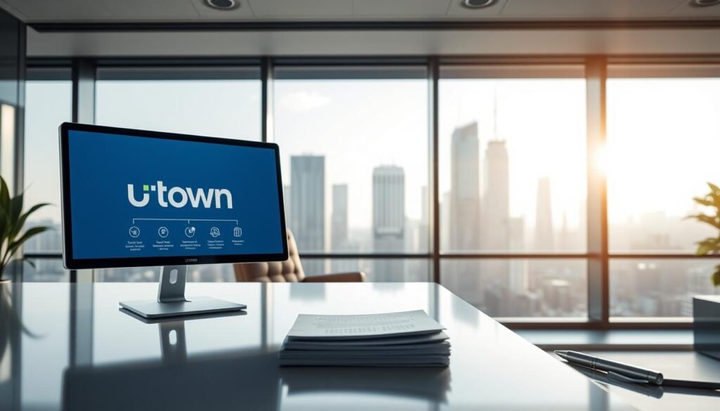 An office interior with a large window overlooking a busy city skyline, soft afternoon light filtering in. In the foreground, a sleek, modern desk with a computer monitor displaying the UTown logo and a step-by-step illustration of the cash withdrawal process. Beside the desk, a stack of documents and a pen resting on a polished surface. In the middle ground, a comfortable chair and a minimalist décor, conveying a sense of efficiency and professionalism. The background features urban buildings, their reflections visible in the window, creating a serene and productive atmosphere. The overall scene highlights the seamless and streamlined nature of the UTown withdrawal experience. An office interior with a large window overlooking a busy city skyline, soft afternoon light filtering in. In the foreground, a sleek, modern desk with a computer monitor displaying the UTown logo and a step-by-step illustration of the cash withdrawal process. Beside the desk, a stack of documents and a pen resting on a polished surface. In the middle ground, a comfortable chair and a minimalist décor, conveying a sense of efficiency and professionalism. The background features urban buildings, their reflections visible in the window, creating a serene and productive atmosphere. The overall scene highlights the seamless and streamlined nature of the UTown withdrawal experience.