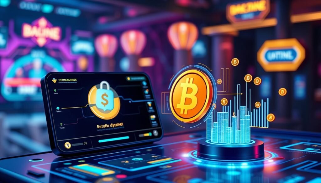 Generate an image of a secure cryptocurrency transaction on a gaming platform. Generate an image of a secure cryptocurrency transaction on a gaming platform.