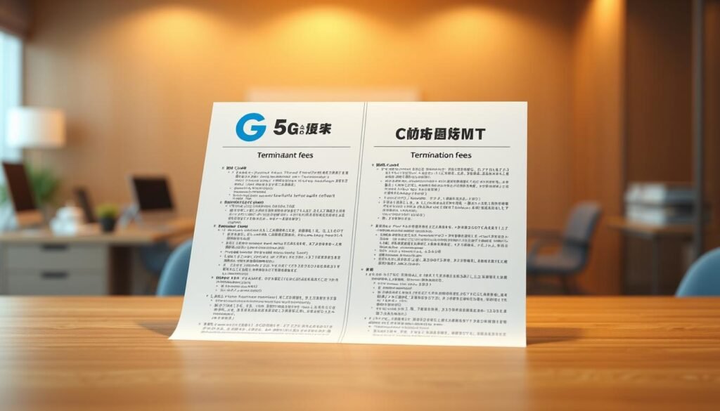 Realistic 3D render of a 5G plan contract document with the Telecombrother logo, showcasing the termination fees section. The document is displayed on a minimalist wooden desk, with a warm and professional lighting setup. The background is a blurred office environment, conveying a sense of corporate formality. The contract pages feature intricate details, highlighting the hidden costs and penalties associated with early plan termination. The overall composition strikes a balance between informative and visually appealing, suitable for illustrating the section title "提前解約嘅隱藏成本及罰款計算". Realistic 3D render of a 5G plan contract document with the Telecombrother logo, showcasing the termination fees section. The document is displayed on a minimalist wooden desk, with a warm and professional lighting setup. The background is a blurred office environment, conveying a sense of corporate formality. The contract pages feature intricate details, highlighting the hidden costs and penalties associated with early plan termination. The overall composition strikes a balance between informative and visually appealing, suitable for illustrating the section title "提前解約嘅隱藏成本及罰款計算".