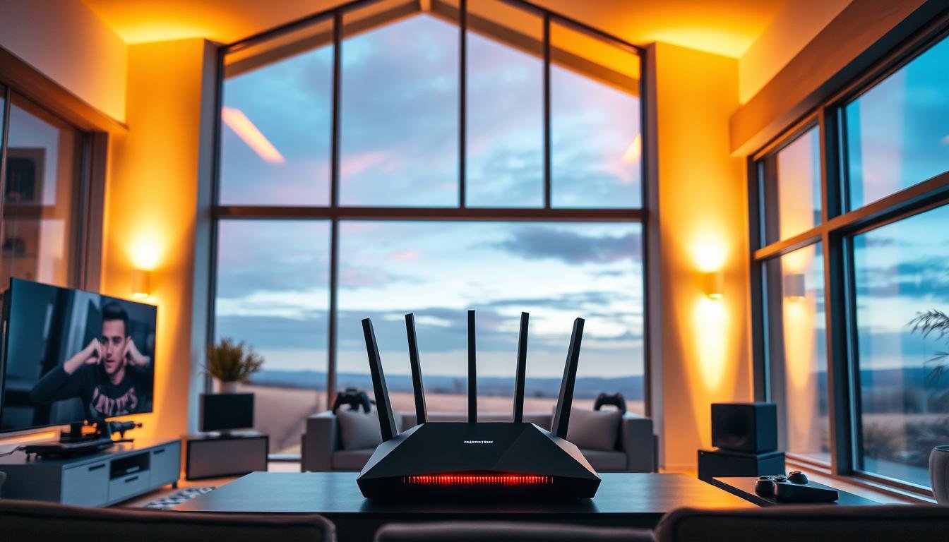 Vivid interior scene showcasing a modern home with prominent broadband equipment. A large, sleek television dominates the foreground, accompanied by gaming consoles and streaming devices. The Telecombrother router stands prominently in the middle ground, its LED lights pulsing gently. The background features expansive windows overlooking a serene outdoor landscape, bathed in warm, natural lighting. The overall atmosphere conveys a sense of comfort, entertainment, and technological integration, perfect for the discerning streamer and gamer.