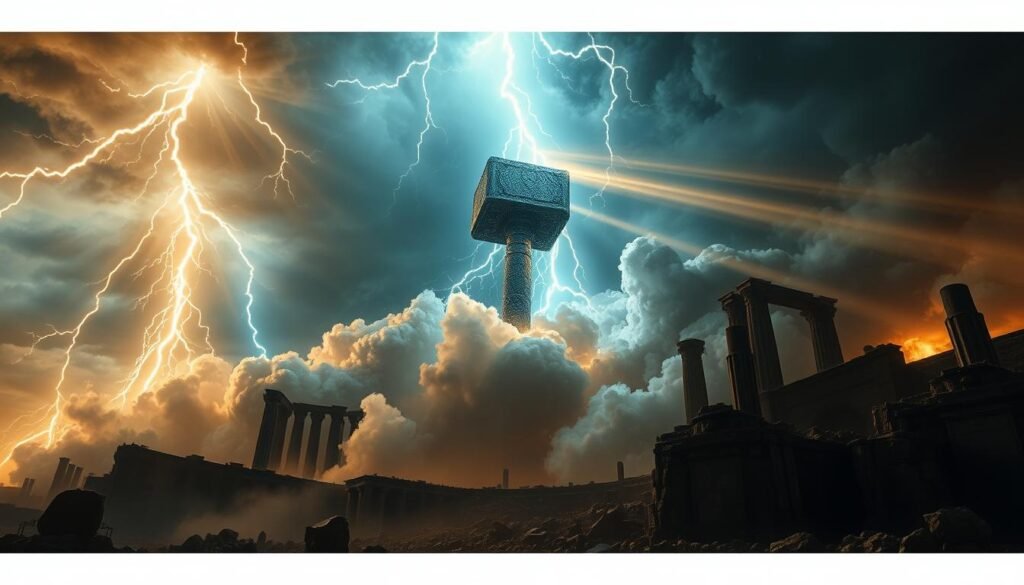A fantastical scene depicting the dramatic unveiling of a colossal, mythical hammer wielded by the mighty thunder god, "Thor", amidst a raging storm. Towering columns of electric energy crackle and surge, casting an otherworldly glow upon the ancient UTown ruins in the foreground. Billowing clouds of mist and debris swirl, as if conjured by the sheer power of the hammer's extraction. Rays of golden light pierce the gloom, illuminating the awe-inspiring spectacle with a sense of wonder and divine significance. The composition emphasizes the scale and grandeur of this extraordinary, special event within the world of "雷神之鎚". A fantastical scene depicting the dramatic unveiling of a colossal, mythical hammer wielded by the mighty thunder god, "Thor", amidst a raging storm. Towering columns of electric energy crackle and surge, casting an otherworldly glow upon the ancient UTown ruins in the foreground. Billowing clouds of mist and debris swirl, as if conjured by the sheer power of the hammer's extraction. Rays of golden light pierce the gloom, illuminating the awe-inspiring spectacle with a sense of wonder and divine significance. The composition emphasizes the scale and grandeur of this extraordinary, special event within the world of "雷神之鎚".