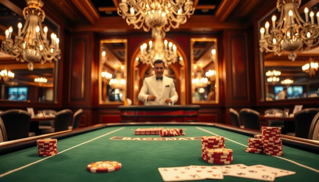 A neatly arranged table with a green felt surface, the iconic baccarat cards and chips in the foreground. In the middle ground, a croupier in a crisp white uniform deals the cards with precision. The background showcases the elegant ambiance of a traditional casino, with ornate chandeliers and rich wood paneling. The lighting is warm and inviting, creating a sense of excitement and anticipation. The overall scene conveys the essence of the baccarat game, its rules, and the allure of the casino experience.