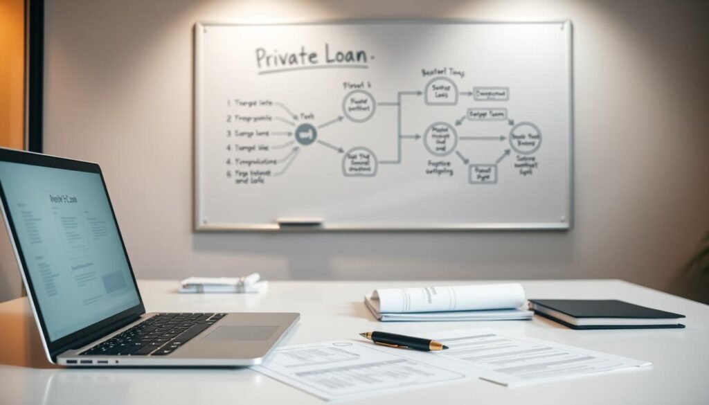 A neatly organized office desk with a laptop, paperwork, and a pen. Soft, warm lighting illuminates the scene, creating a professional yet approachable atmosphere. In the background, a wall-mounted whiteboard displays a flowchart depicting the step-by-step process of a private loan, conveying the intricate workings of this financial service. The overall composition suggests a thoughtful, well-informed understanding of the topic at hand.