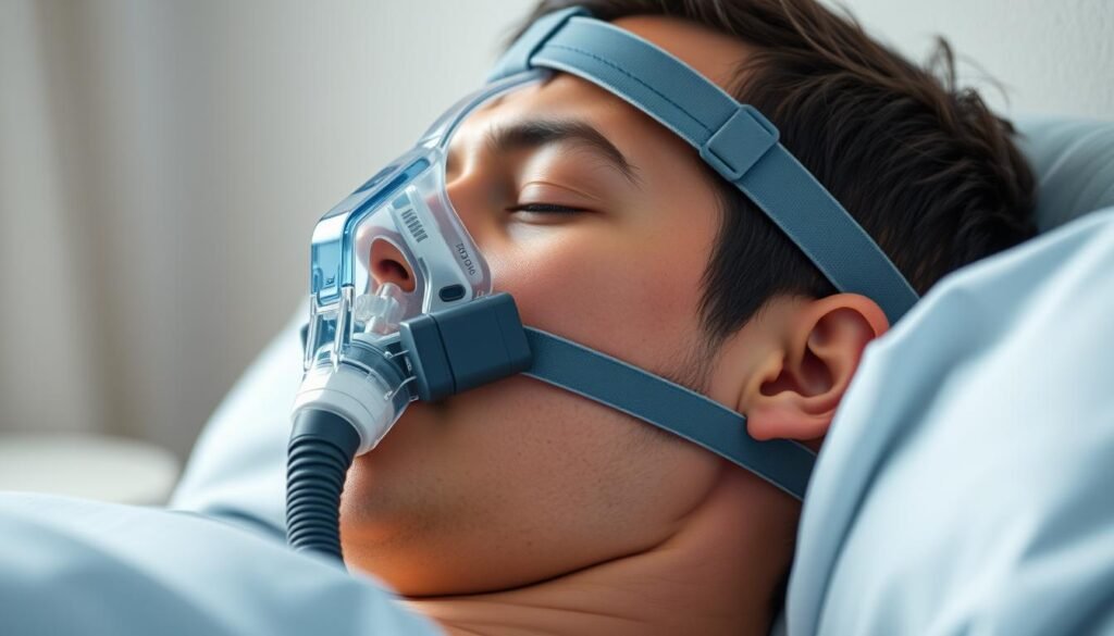 A patient wearing an iCareCPAP sleep apnea mask, the device strapped securely to their face with the adjustable headgear. The mask fits snugly yet comfortably, delivering a constant flow of air to keep the airways open during sleep. The foreground is sharply in focus, showcasing the intricate design and construction of the mask, with the headgear and tubing visible. The background is softly blurred, creating a sense of calm and relaxation. Soft, diffused lighting illuminates the scene, conveying a soothing, therapeutic atmosphere. The overall impression is one of a medical device seamlessly integrated into a restful, restorative sleep environment. A patient wearing an iCareCPAP sleep apnea mask, the device strapped securely to their face with the adjustable headgear. The mask fits snugly yet comfortably, delivering a constant flow of air to keep the airways open during sleep. The foreground is sharply in focus, showcasing the intricate design and construction of the mask, with the headgear and tubing visible. The background is softly blurred, creating a sense of calm and relaxation. Soft, diffused lighting illuminates the scene, conveying a soothing, therapeutic atmosphere. The overall impression is one of a medical device seamlessly integrated into a restful, restorative sleep environment.