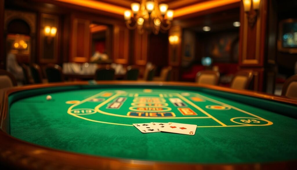 A richly detailed tabletop scene of a traditional casino baccarat table, illuminated by warm, soft lighting that casts a cozy, inviting atmosphere. The green felt surface is immaculate, with the iconic baccarat layout clearly visible, including the player, banker, and tie bet areas. Ornate, carved wooden edges frame the table, hinting at the luxury of the gaming establishment. In the foreground, a pair of playing cards lie face-up, showcasing the fundamental mechanics of the game. The background is slightly blurred, drawing the viewer's focus to the table and the essential rules of baccarat.