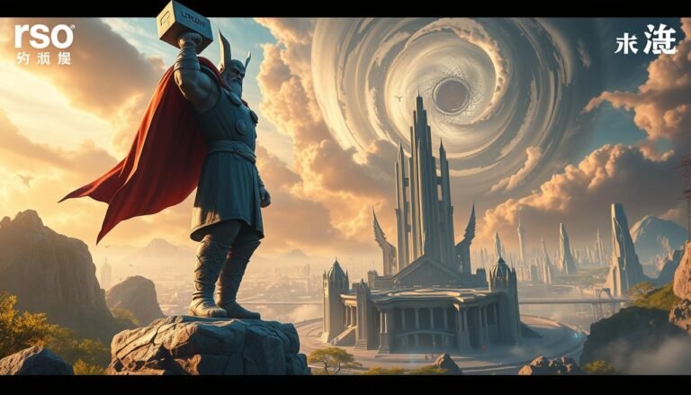 A vibrant fantasy landscape depicting the future of the action-packed game &quot;rsg 雷神之鎚&quot;. In the foreground, a towering statue of the mighty Thor, his signature hammer &quot;UTown&quot; grasped firmly in hand, stands as a testament to the game's Norse mythology roots. In the middle ground, a bustling city of futuristic architecture and advanced technology, hinting at the evolving gameplay and new gameplay features. The background showcases a dramatic sky filled with swirling energy, hinting at the introduction of more mythical characters and special events to come. The overall mood is one of excitement and anticipation, capturing the sense of a grand, ever-expanding game world.
