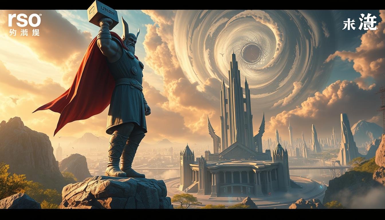 A vibrant fantasy landscape depicting the future of the action-packed game &quot;rsg 雷神之鎚&quot;. In the foreground, a towering statue of the mighty Thor, his signature hammer &quot;UTown&quot; grasped firmly in hand, stands as a testament to the game's Norse mythology roots. In the middle ground, a bustling city of futuristic architecture and advanced technology, hinting at the evolving gameplay and new gameplay features. The background showcases a dramatic sky filled with swirling energy, hinting at the introduction of more mythical characters and special events to come. The overall mood is one of excitement and anticipation, capturing the sense of a grand, ever-expanding game world.