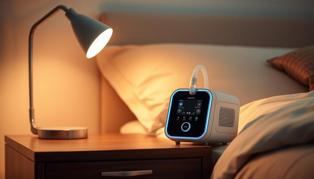 Cozy and inviting bedroom scene with a stylish iCareCPAP sleep apnea machine on a bedside table. Soft, warm lighting illuminates the modern, minimalist design of the machine, while a plush, comfortable-looking bed and fluffy pillows create a relaxing, sleep-inducing atmosphere. The machine is highlighted, showcasing its intuitive controls and sleek, user-friendly interface. The overall scene conveys a sense of ease and restfulness, perfectly suited for an article on choosing the right sleep apnea machine. Cozy and inviting bedroom scene with a stylish iCareCPAP sleep apnea machine on a bedside table. Soft, warm lighting illuminates the modern, minimalist design of the machine, while a plush, comfortable-looking bed and fluffy pillows create a relaxing, sleep-inducing atmosphere. The machine is highlighted, showcasing its intuitive controls and sleek, user-friendly interface. The overall scene conveys a sense of ease and restfulness, perfectly suited for an article on choosing the right sleep apnea machine.
