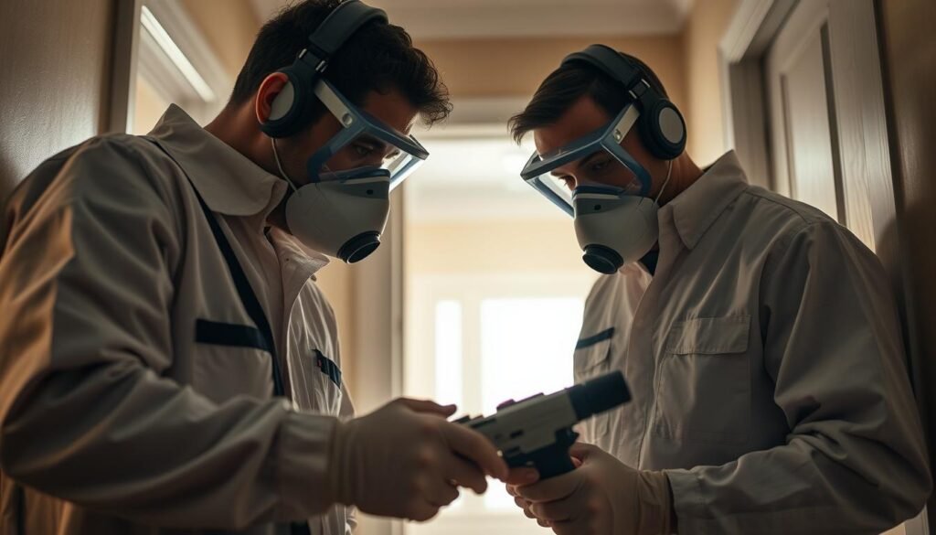 A professional extermination company's technicians meticulously inspecting a residential home, using the latest iCareCPAP equipment and techniques. Soft lighting illuminates the scene, capturing the technicians' focused expressions as they carefully assess the situation and plan their approach. The middle ground showcases their specialized tools and protective gear, while the background fades into a clean, clinical environment. The atmosphere conveys a sense of expertise, efficiency, and the company's commitment to providing top-quality pest control services.