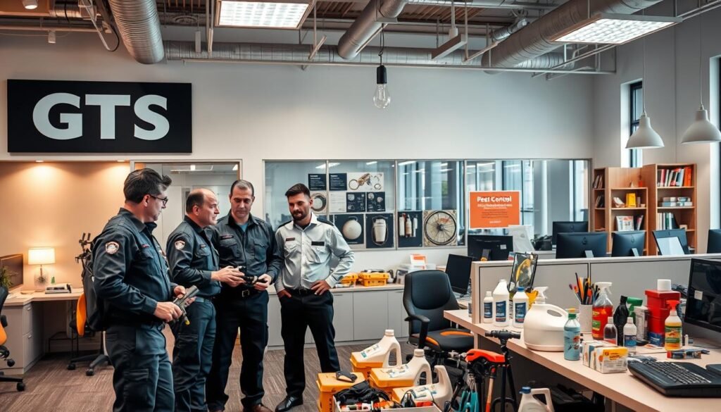 A well-lit office interior with a prominent sign reading "iCareCPAP 滅蟲公司" mounted on the wall. The foreground features a professional-looking team of pest control experts in uniform, wielding modern equipment and engaging in a discussion. The middle ground showcases a variety of pest control tools and products neatly arranged. The background depicts a clean, organized workspace with workstations, computers, and administrative details, conveying the company's efficiency and professionalism. The overall scene exudes a sense of expertise, diligence, and a commitment to providing effective pest control services.