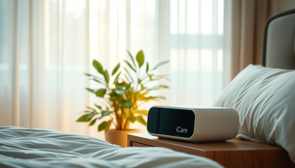 A serene bedroom scene with a sleek, modern iCareCPAP machine prominently displayed on a nightstand. Soft, diffused lighting filters through delicate curtains, creating a warm, cozy atmosphere. The machine's clean, minimalist design is complemented by plush bedding and a lush, verdant plant, conveying a sense of restorative, rejuvenating sleep. The room's clean lines and soothing color palette evoke a tranquil, spa-like ambiance, perfectly capturing the benefits of long-term iCareCPAP use for improved sleep quality. A serene bedroom scene with a sleek, modern iCareCPAP machine prominently displayed on a nightstand. Soft, diffused lighting filters through delicate curtains, creating a warm, cozy atmosphere. The machine's clean, minimalist design is complemented by plush bedding and a lush, verdant plant, conveying a sense of restorative, rejuvenating sleep. The room's clean lines and soothing color palette evoke a tranquil, spa-like ambiance, perfectly capturing the benefits of long-term iCareCPAP use for improved sleep quality.