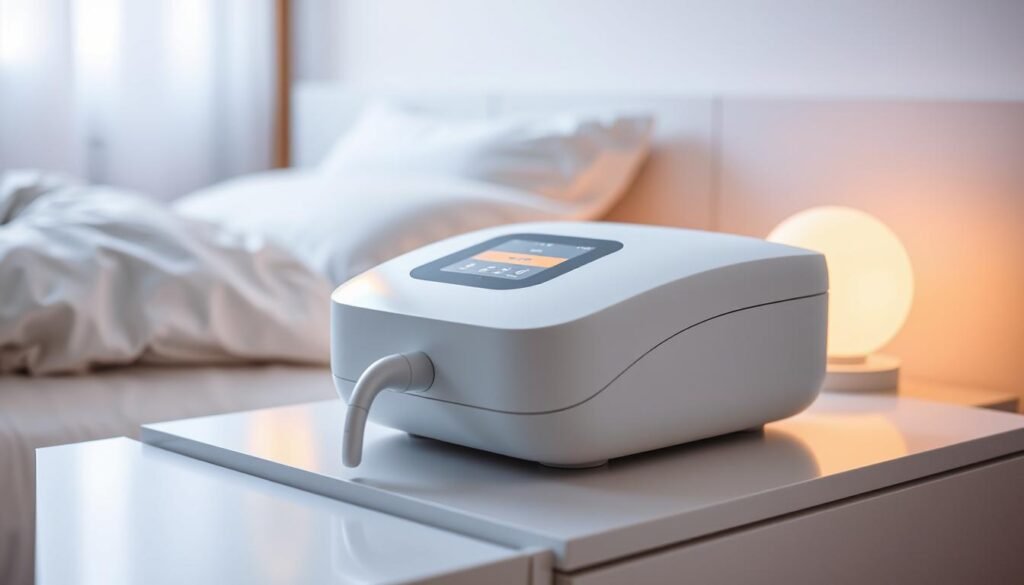 A sleek, modern iCareCPAP machine resting on a clean, minimalist bedside table. The device's smooth, white exterior is highlighted by soft, indirect lighting, casting gentle shadows that accentuate its elegant, streamlined design. The machine's digital display panel emits a warm, soothing glow, indicating its readiness to provide comfortable, efficient respiratory support. In the background, a serene, pastel-toned bedroom environment creates a calming, therapeutic atmosphere, inviting the user to experience the restorative power of restful, uninterrupted sleep. A sleek, modern iCareCPAP machine resting on a clean, minimalist bedside table. The device's smooth, white exterior is highlighted by soft, indirect lighting, casting gentle shadows that accentuate its elegant, streamlined design. The machine's digital display panel emits a warm, soothing glow, indicating its readiness to provide comfortable, efficient respiratory support. In the background, a serene, pastel-toned bedroom environment creates a calming, therapeutic atmosphere, inviting the user to experience the restorative power of restful, uninterrupted sleep.