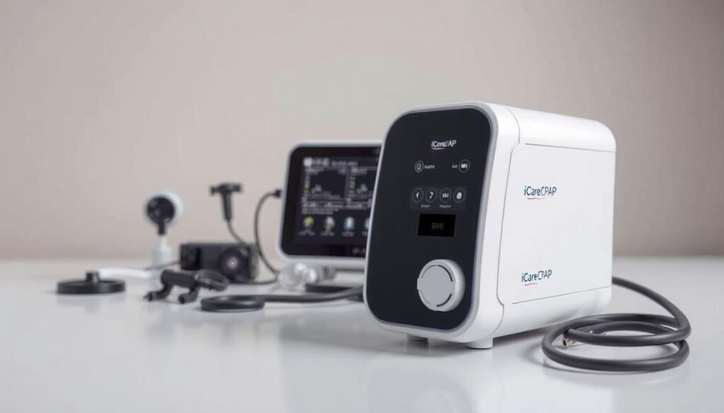 A well-designed and ergonomic medical device featuring the iCareCPAP brand name, set against a clean, minimalist background. The device is prominently displayed in the foreground, with a soft lighting that accentuates its sleek and modern aesthetic. The middle ground showcases various accessories and components, providing context and a sense of the device's functionality. The background features subtle, muted tones that create a calming and professional atmosphere, suitable for a medical setting. The overall composition conveys a sense of authority, reliability, and attention to detail, perfectly capturing the essence of a comprehensive "Respiratory Device Selection Guide".