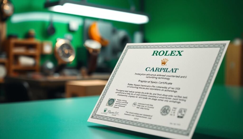 A modern Rolex warranty certificate, showcasing advanced anti-counterfeiting technology, displayed prominently in the foreground. The certificate features intricate holographic elements and microprinting, with detailed logos and a sleek design. In the middle ground, a blurred Swiss watchmaker's workshop is visible, adorned with tools and luxurious timepieces, emphasizing craftsmanship. The background softly fades into a gradient of Rolex's signature green. The lighting is bright and polished, capturing the elegance of the certificate while casting subtle shadows that enhance the textures. The atmosphere conveys sophistication and innovation, reflecting the evolution of Rolex's commitment to security and authenticity.