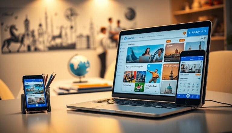 A modern digital workspace showcasing the concept of the "OceanEsim 留學網路方案選擇". In the foreground, a sleek laptop displaying the OceanEsim interface with vibrant graphics related to study abroad options. Beside it, a smartphone showcasing the mobile application, emphasizing user-friendly navigation. The middle ground features an inviting workspace with a neatly organized desk, colorful stationery, and a globe symbolizing international study opportunities. In the background, softly blurred images of famous educational landmarks and students engaged in collaborative discussions. Soft, warm lighting creates a cozy and professional atmosphere, with a slight depth of field effect directing focus towards the devices. The overall mood is one of inspiration and focus, ideal for students considering study abroad options.