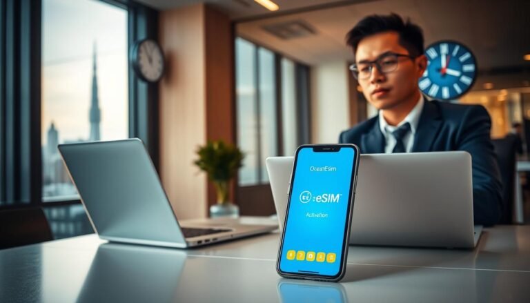 A modern office space featuring a professional individual in business attire, seated at a sleek desk with a laptop open, showcasing the OceanEsim interface on the screen. In the foreground, a smartphone displaying a vibrant eSIM activation graphic. The middle ground includes a large window with a cityscape of Tokyo, sunlight streaming in, creating a warm and inviting atmosphere. On the wall, a digital clock shows the time in Japan, hinting at the concept of global connectivity. The overall mood is focused and innovative, emphasizing advanced technology and seamless communication. Soft lighting highlights the modern aesthetic, and a blurred background suggests a bustling workspace, reinforcing the theme of efficient business travel and communication solutions.
