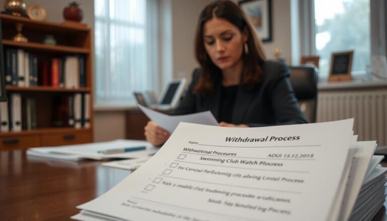 A professional office setting depicting a woman in modest, professional attire sitting at a desk engaged in a detailed review of paperwork about swimming club withdrawal procedures. In the foreground, a close-up of a clear, organized stack of forms labeled "Withdrawal Process" with visible checkboxes. In the middle ground, the woman’s focused expression reflects her determination and clarity as she examines the documents. The background features a tidy office with a bookshelf filled with swimming-related books and awards, soft natural light filtering through a nearby window, giving a calm and serious atmosphere. The composition captures the essence of an administrative process, emphasizing meticulous details, professionalism, and clarity.